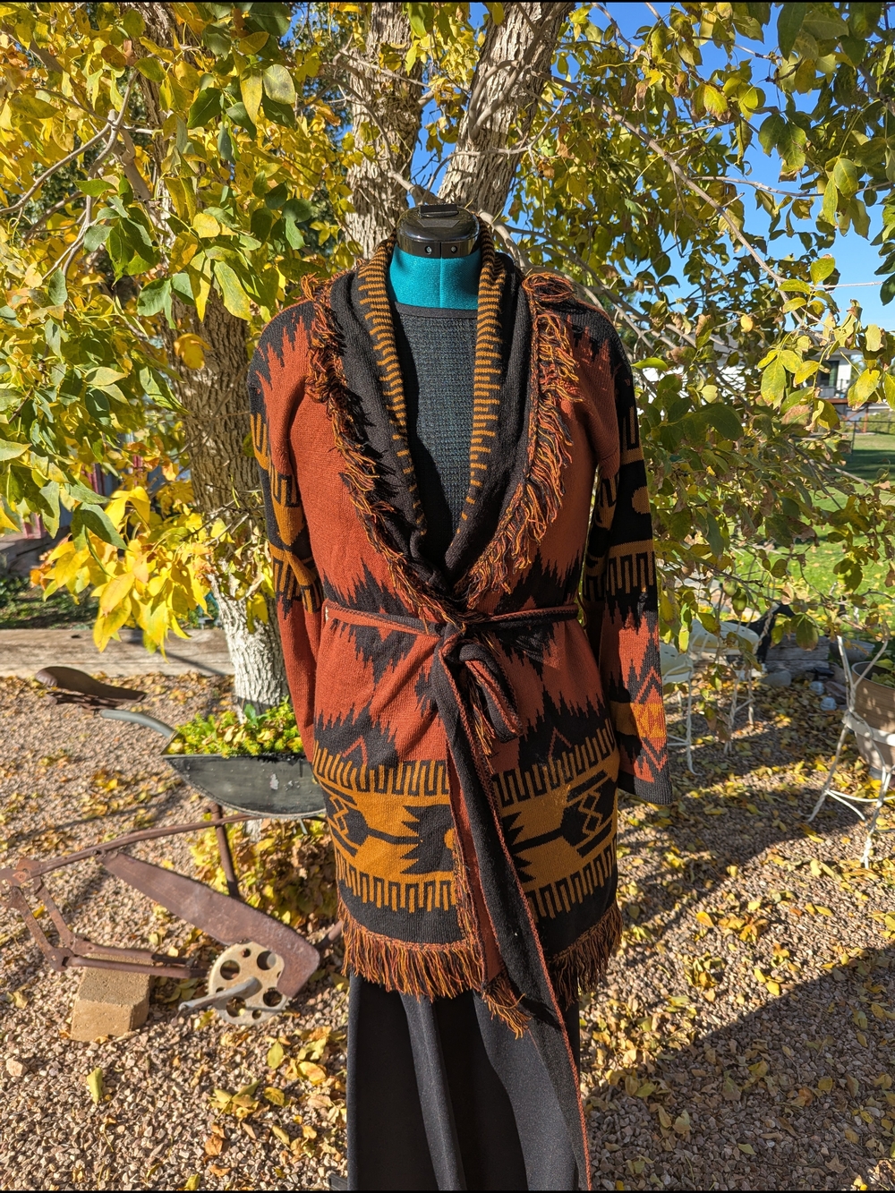 BKE Rust and Black Aztec Fringed Wrap Cardigan NWT Size M